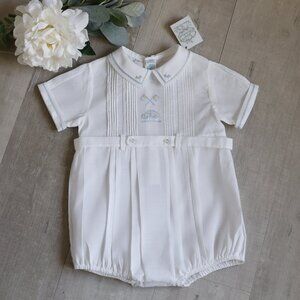 Feltman Brothers Boy's Heirloom White Romper Creeper RARE DESIGN Race Car NWT